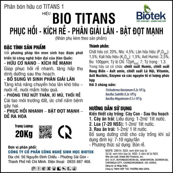 Phân Bón Hữu Cơ BIO TITANS NHÂN SÂM HÀN QUỐC - Xô 20kg - Hình ảnh 3