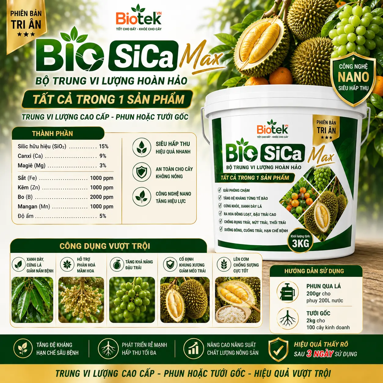 Xô BIO SiCa Max 3kg – Trung Vi Lượng Cao Cấp Cho Cây Trồng - CANXI - SILIC - MAGIE thương hiệu BIOTEK - Ảnh 6