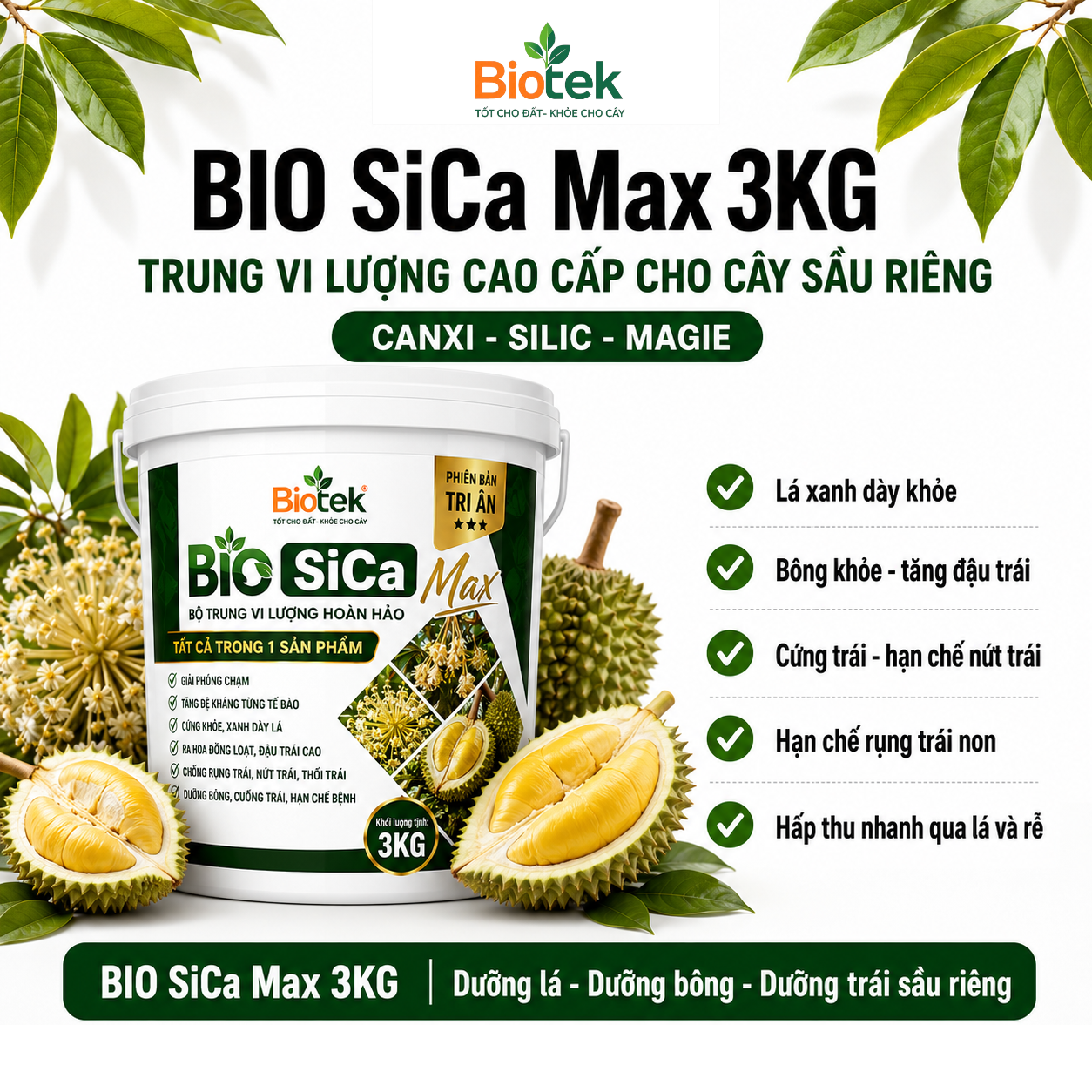 Xô BIO SiCa Max 3kg – Trung Vi Lượng Cao Cấp Cho Cây Trồng - CANXI - SILIC - MAGIE thương hiệu BIOTEK